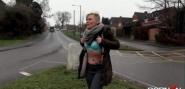 Chesty mature Bree pissing in the public